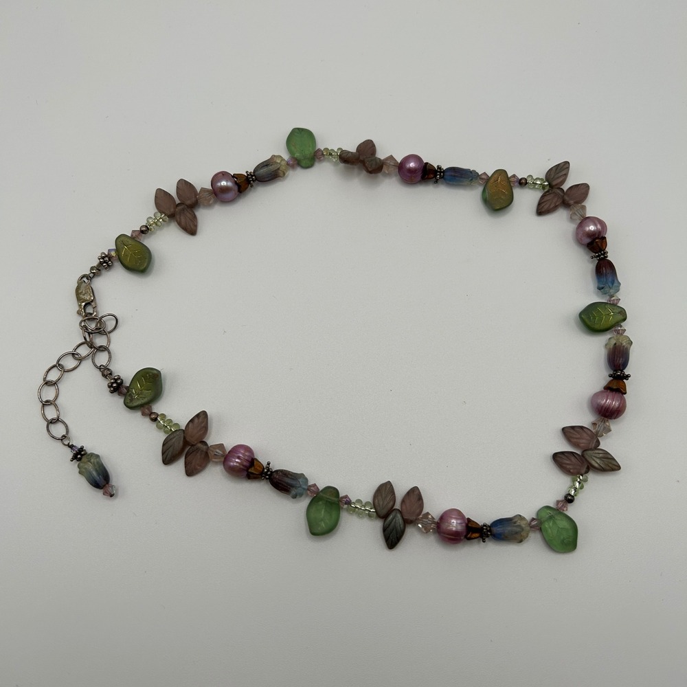 Vintage Art Glass Sterling Silver 925 Beaded Leaf Flower Pearl Necklace
